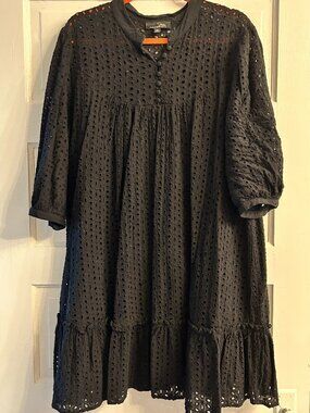 Suzanne Betro Black Eyelet Lace Smock Tiered Midi Dress Plus Size 2X Lined